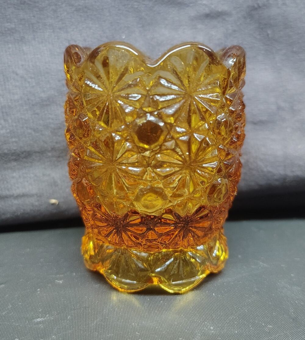 Vintage Daisy and Button Amber Glass Toothpick Holder